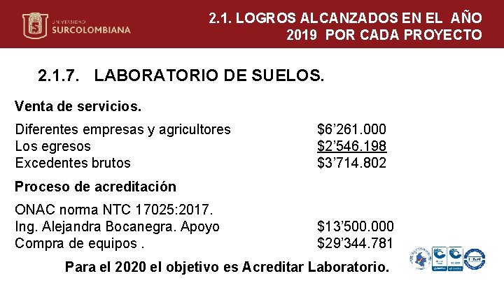 2. 1. LOGROS ALCANZADOS EN EL AÑO 2019 POR CADA PROYECTO 2. 1. 7.