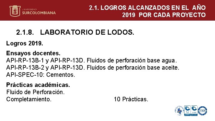 2. 1. LOGROS ALCANZADOS EN EL AÑO 2019 POR CADA PROYECTO 2. 1. 8.