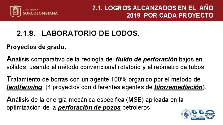 2. 1. LOGROS ALCANZADOS EN EL AÑO 2019 POR CADA PROYECTO 2. 1. 8.