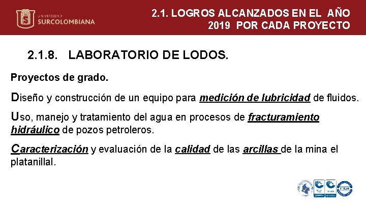 2. 1. LOGROS ALCANZADOS EN EL AÑO 2019 POR CADA PROYECTO 2. 1. 8.