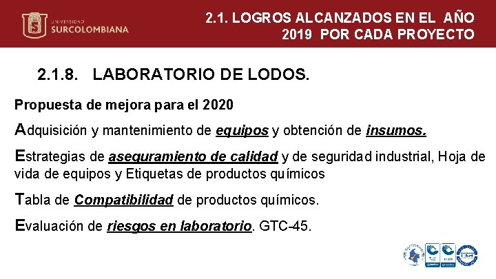 2. 1. LOGROS ALCANZADOS EN EL AÑO 2019 POR CADA PROYECTO 2. 1. 8.