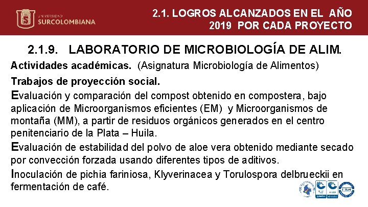 2. 1. LOGROS ALCANZADOS EN EL AÑO 2019 POR CADA PROYECTO 2. 1. 9.