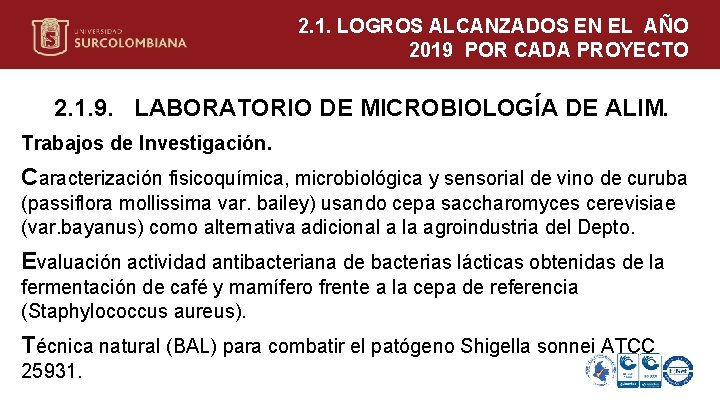 2. 1. LOGROS ALCANZADOS EN EL AÑO 2019 POR CADA PROYECTO 2. 1. 9.