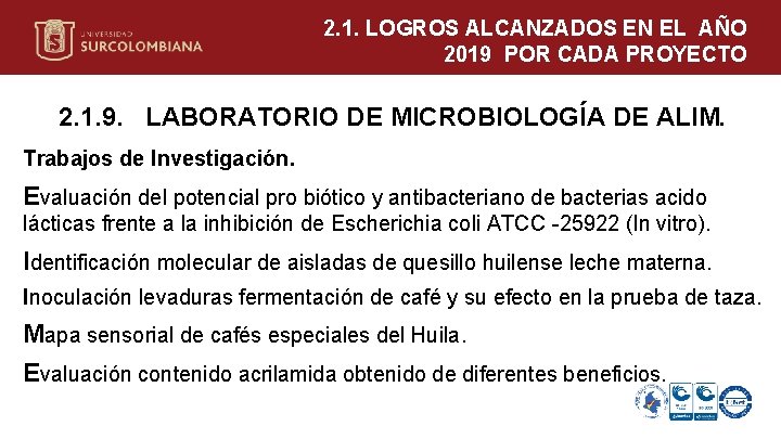 2. 1. LOGROS ALCANZADOS EN EL AÑO 2019 POR CADA PROYECTO 2. 1. 9.