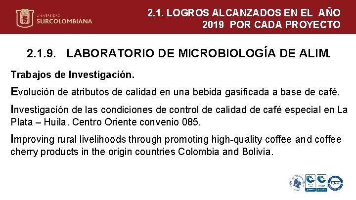 2. 1. LOGROS ALCANZADOS EN EL AÑO 2019 POR CADA PROYECTO 2. 1. 9.