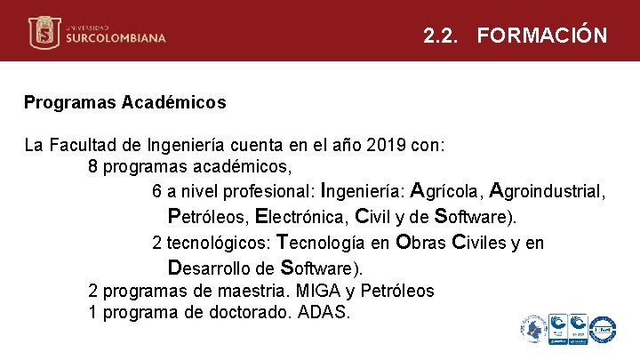 2. 2. FORMACIÓN Programas Académicos La Facultad de Ingeniería cuenta en el año 2019