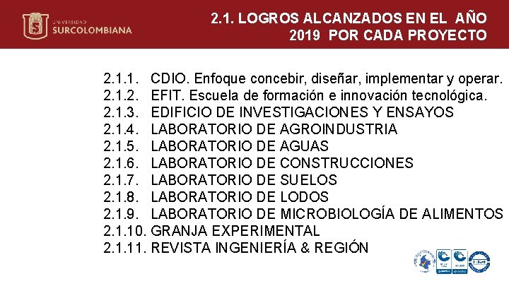 2. 1. LOGROS ALCANZADOS EN EL AÑO 2019 POR CADA PROYECTO 2. 1. 1.