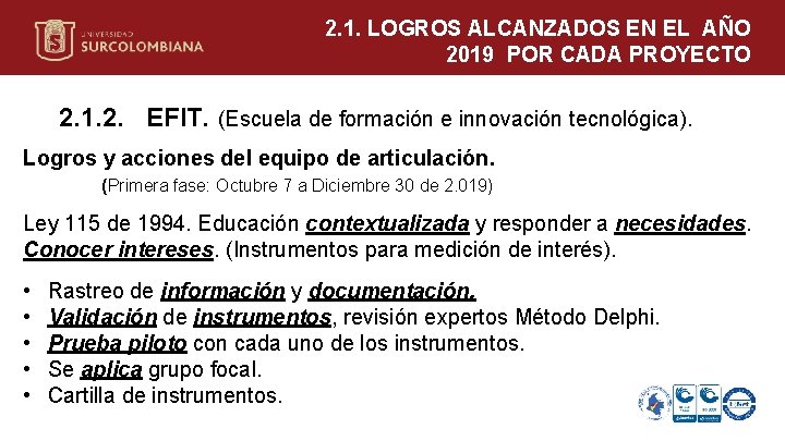 2. 1. LOGROS ALCANZADOS EN EL AÑO 2019 POR CADA PROYECTO 2. 1. 2.