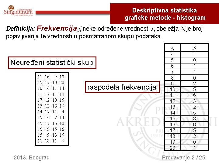 Deskriptivna statistika grafičke metode - histogram Definicija: Frekvencija fi neke određene vrednosti xi obeležja