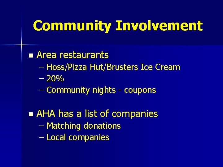 Community Involvement n Area restaurants – Hoss/Pizza Hut/Brusters Ice Cream – 20% – Community