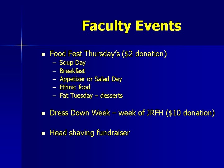 Faculty Events n Food Fest Thursday’s ($2 donation) – – – Soup Day Breakfast