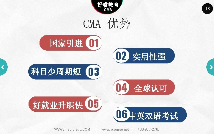 Company name 好睿教育 Company slogan here 13 CMA 优势 国家引进 科目少周期短 好就业升职快 01 02