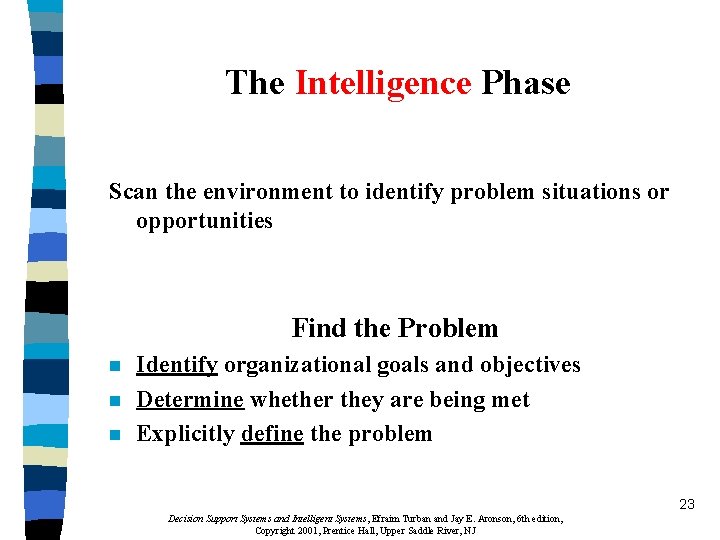 The Intelligence Phase Scan the environment to identify problem situations or opportunities Find the