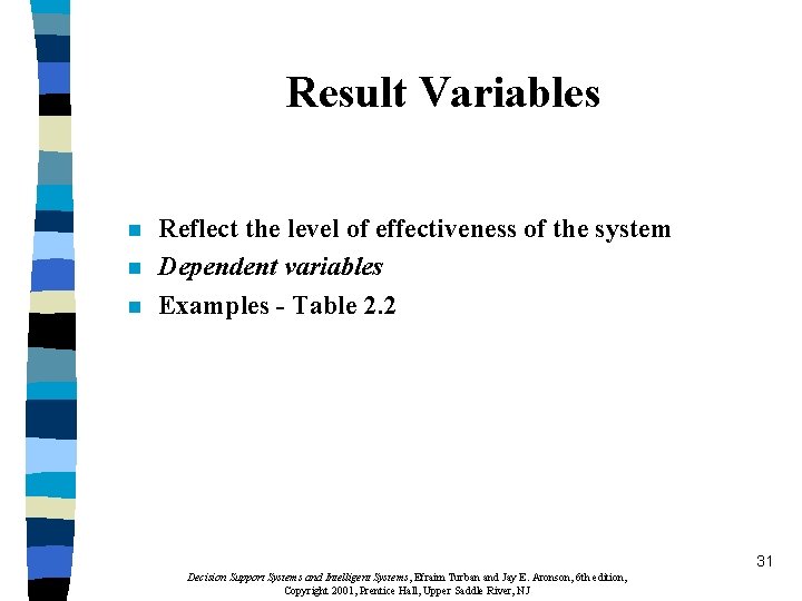 Result Variables n n n Reflect the level of effectiveness of the system Dependent