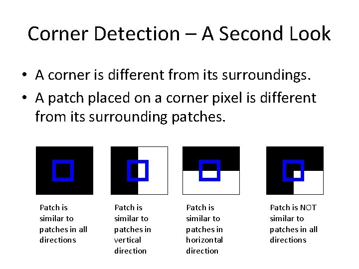 Corner Detection – A Second Look • A corner is different from its surroundings.