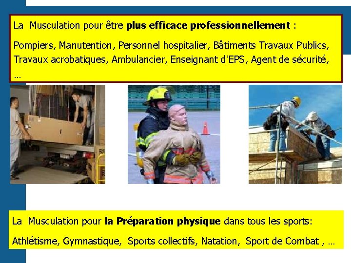 La Musculation pour être plus efficace professionnellement : Pompiers, Manutention, Personnel hospitalier, Bâtiments Travaux