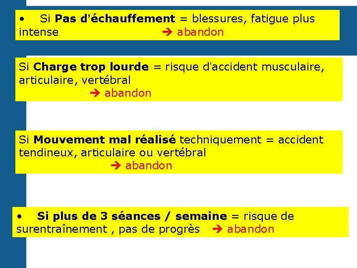  • Si Pas d’échauffement = blessures, fatigue plus intense abandon Si Charge trop