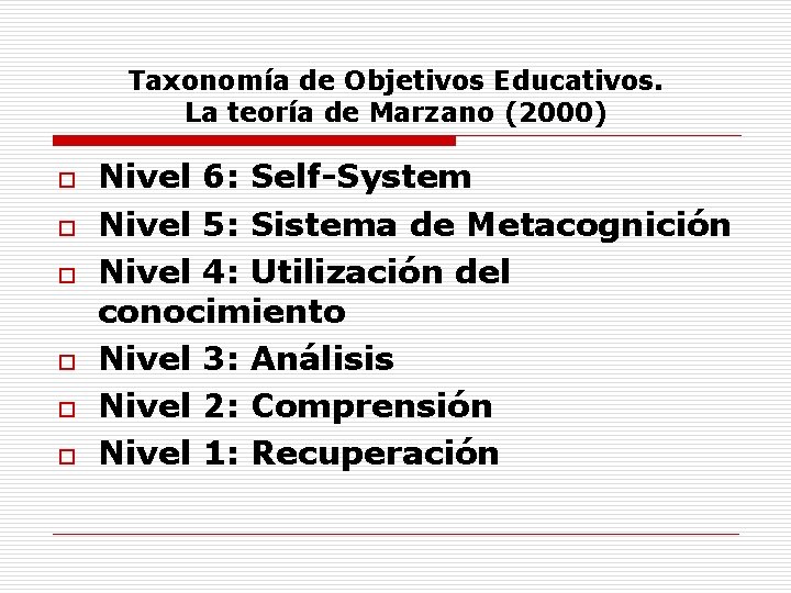 Taxonomía de Objetivos Educativos. La teoría de Marzano (2000) o o o Nivel 6: