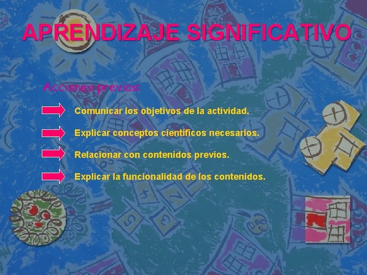APRENDIZAJE SIGNIFICATIVO Acciones previas: Comunicar los objetivos de la actividad. Explicar conceptos científicos necesarios.