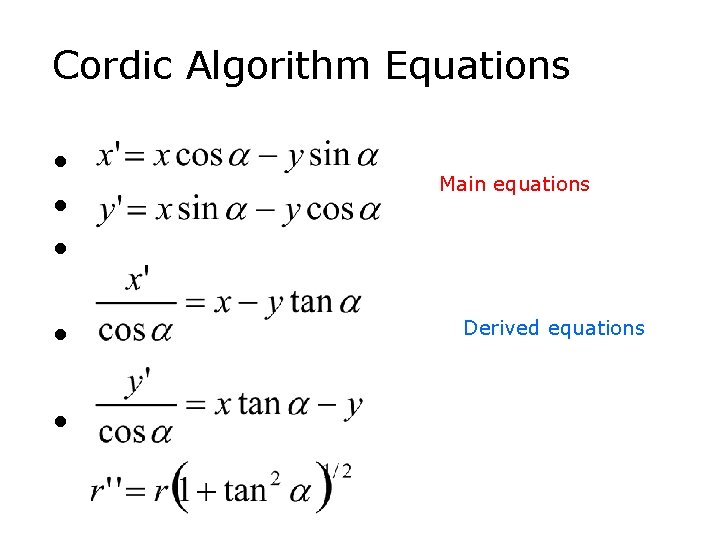 Cordic Algorithm Equations • • • Main equations Derived equations 