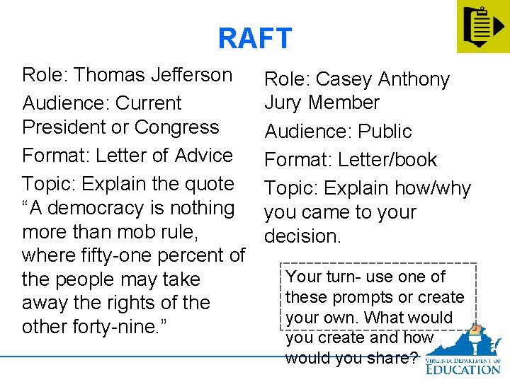 RAFT Role: Thomas Jefferson Audience: Current President or Congress Format: Letter of Advice Topic: