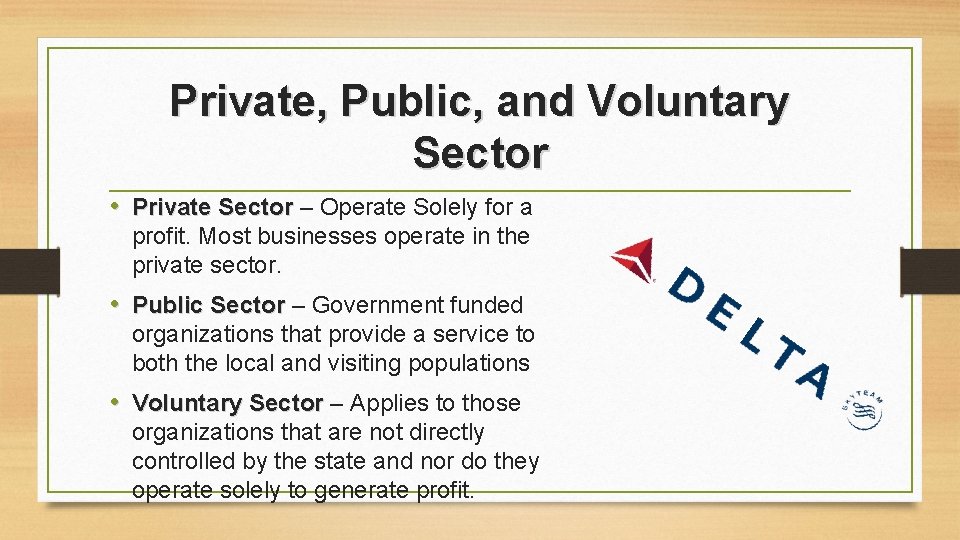 Private, Public, and Voluntary Sector • Private Sector – Operate Solely for a profit. Private, Public, and Voluntary Sector • Private Sector – Operate Solely for a profit.