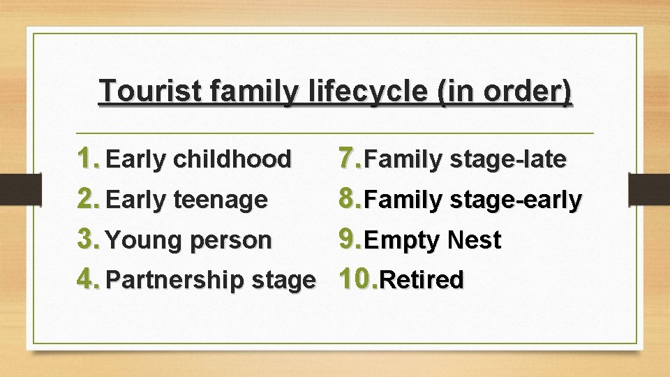 Tourist family lifecycle (in order) 1. Early childhood 2. Early teenage 3. Young person Tourist family lifecycle (in order) 1. Early childhood 2. Early teenage 3. Young person