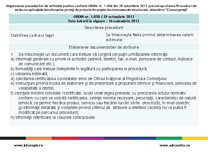 ORDIN nr. 1. 050 / 29 octombrie 2012 Data intrarii in vigoare : 16