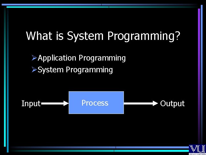 What is System Programming? ØApplication Programming ØSystem Programming Input Process Output 