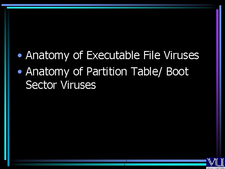  • Anatomy of Executable File Viruses • Anatomy of Partition Table/ Boot Sector