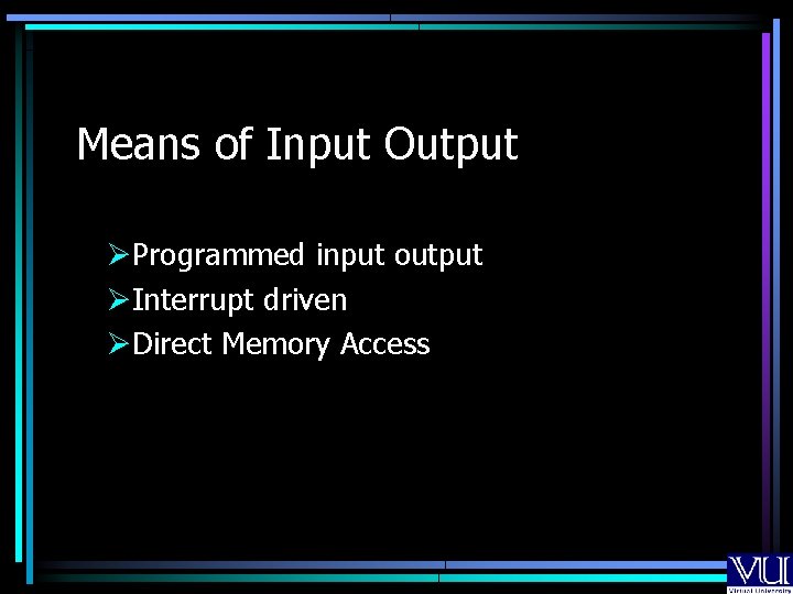 Means of Input Output ØProgrammed input output ØInterrupt driven ØDirect Memory Access 