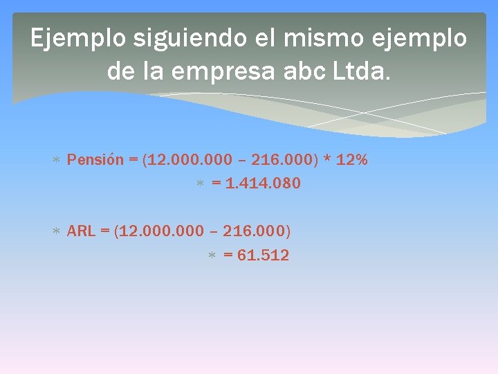 Ejemplo siguiendo el mismo ejemplo de la empresa abc Ltda. Pensión = (12. 000