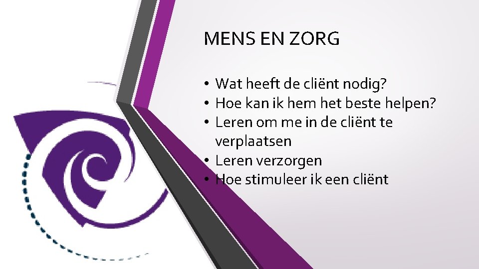 MENS EN ZORG • Wat heeft de cliënt nodig? • Hoe kan ik hem