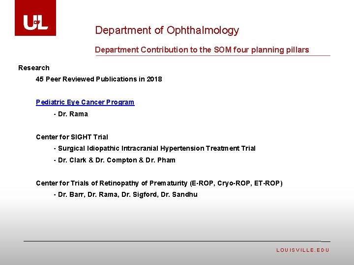 Department of Ophthalmology Department Contribution to the SOM four planning pillars Research 45 Peer