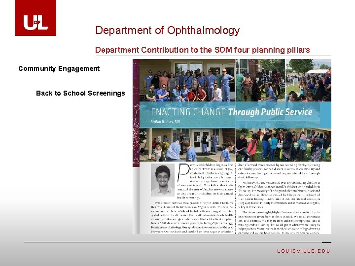 Department of Ophthalmology Department Contribution to the SOM four planning pillars Community Engagement Back