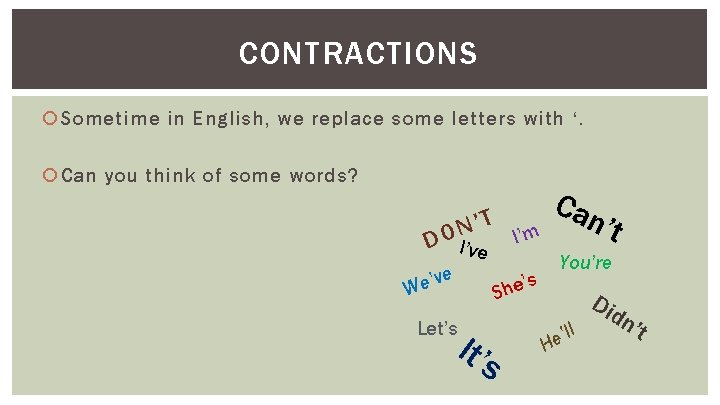 CONTRACTIONS Sometime in English, we replace some letters with ‘. Can you think of