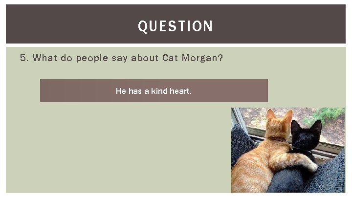 QUESTION 5. What do people say about Cat Morgan? He has a kind heart.