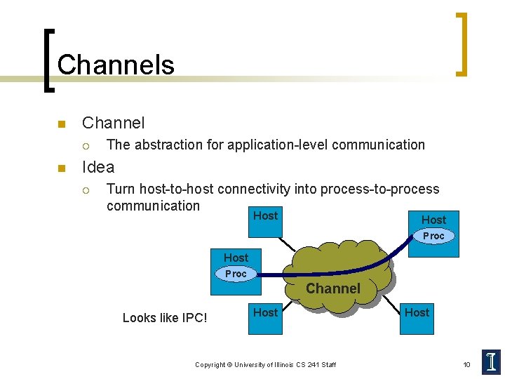 Channels n Channel ¡ n The abstraction for application-level communication Idea ¡ Turn host-to-host