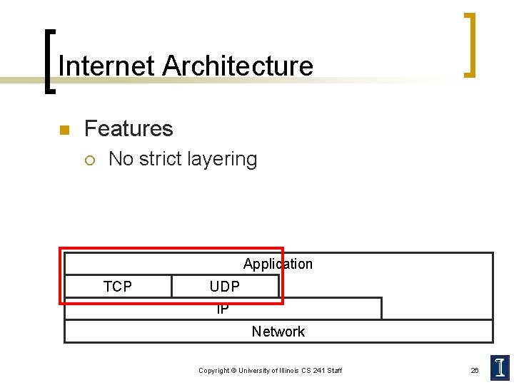Internet Architecture n Features ¡ No strict layering Application TCP UDP IP Network Copyright