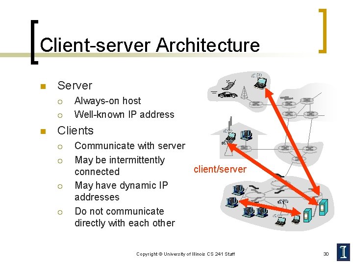 Client-server Architecture n Server ¡ ¡ n Always-on host Well-known IP address Clients ¡