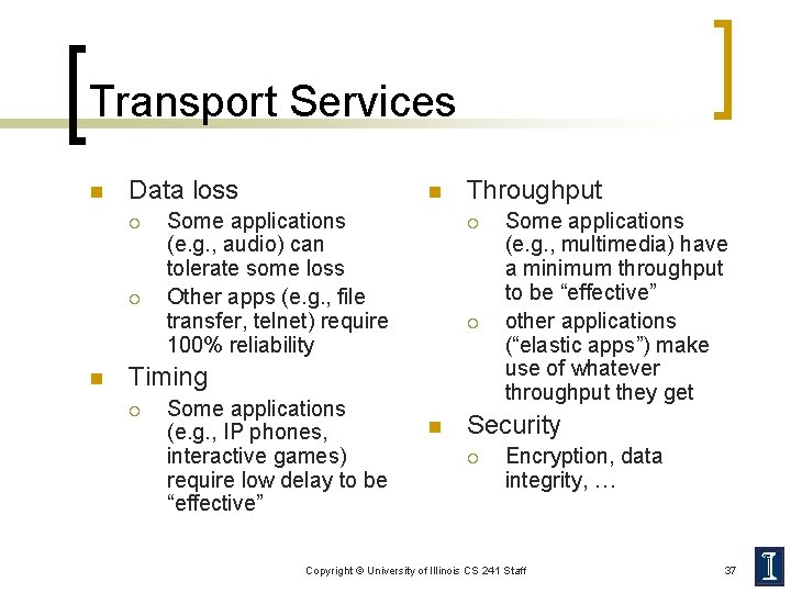 Transport Services n Data loss ¡ ¡ n n Some applications (e. g. ,