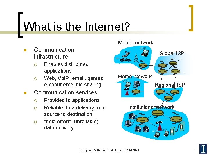 What is the Internet? Mobile network n Communication infrastructure ¡ ¡ n Global ISP