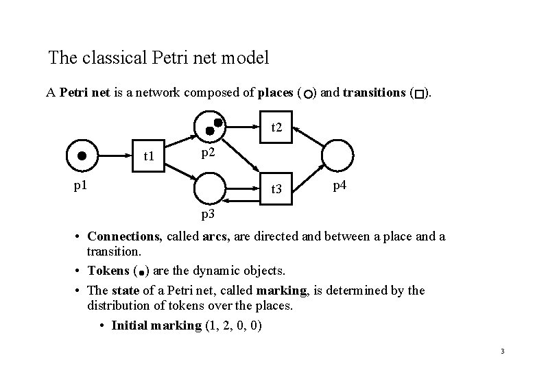 The classical Petri net model A Petri net is a network composed of places The classical Petri net model A Petri net is a network composed of places