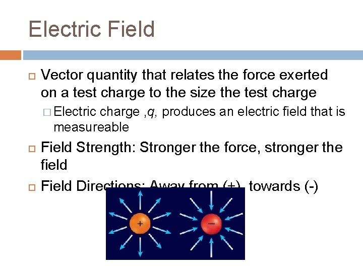 Electric Field Vector quantity that relates the force exerted on a test charge to