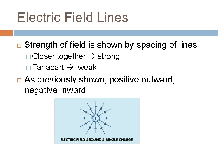 Electric Field Lines Strength of field is shown by spacing of lines � Closer