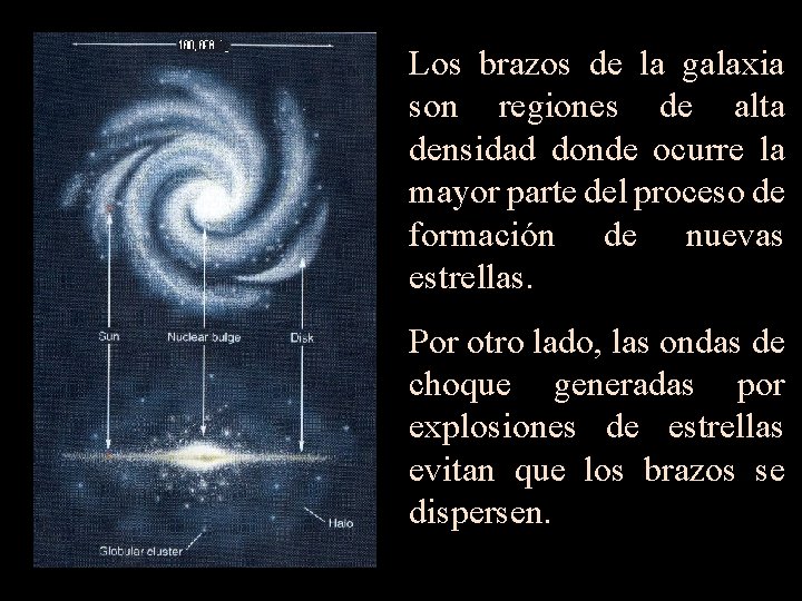 Los brazos de la galaxia son regiones de alta densidad donde ocurre la mayor