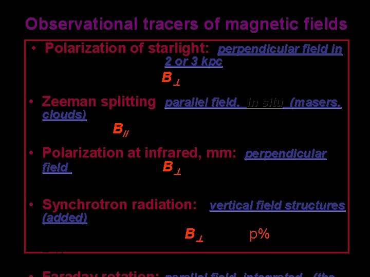Observational tracers of magnetic fields • Polarization of starlight: perpendicular field in 2 or