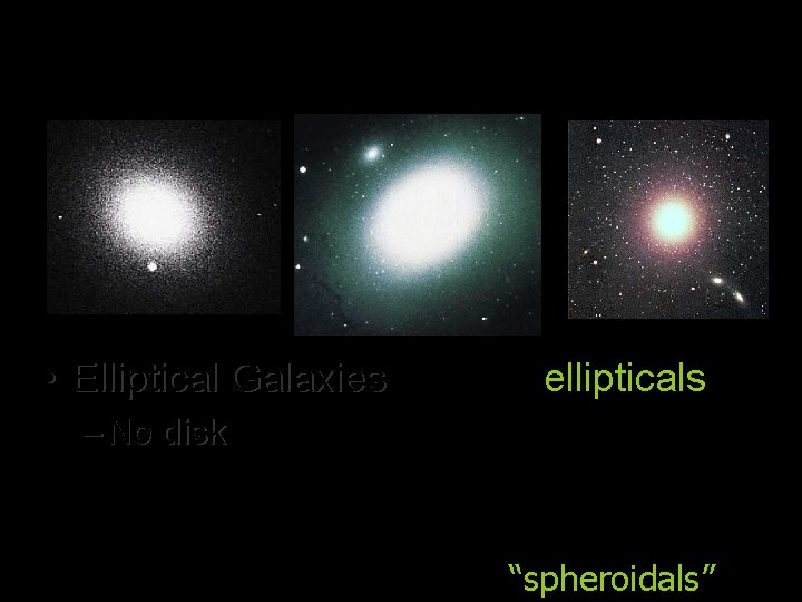  • Elliptical Galaxies (or just “ellipticals”) – No disk! disk old! “spheroidals” 