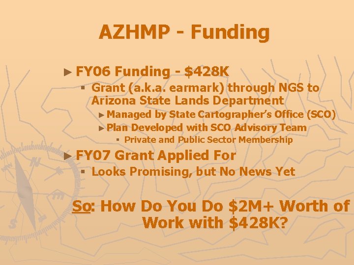 AZHMP - Funding ► FY 06 Funding - $428 K § Grant (a. k.