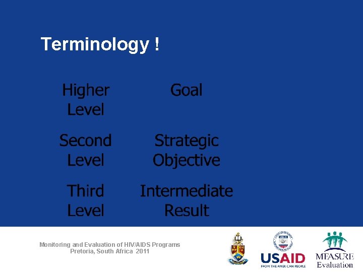 Terminology ! Monitoring and Evaluation of HIV/AIDS Programs Pretoria, South Africa 2011 
